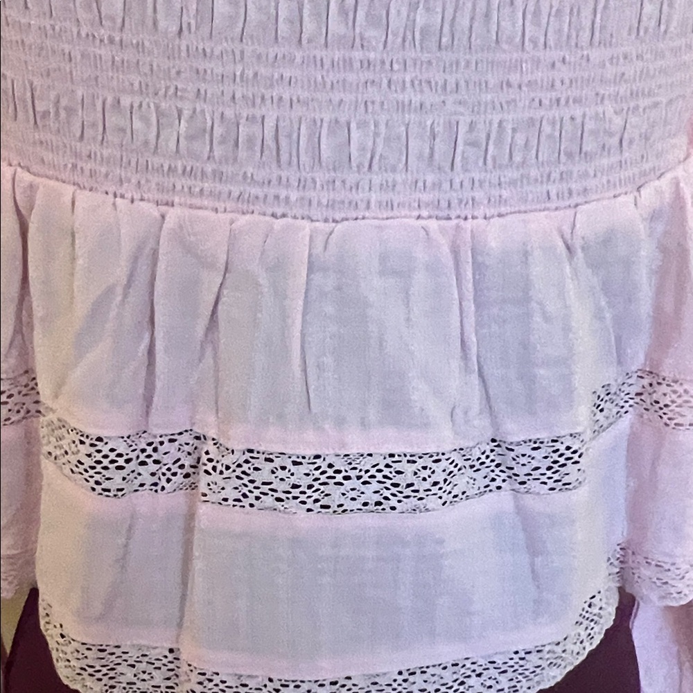 Cottagecore pink smocked milkmaid top puffed sleeves lace trim size medium - Picture 4 of 8